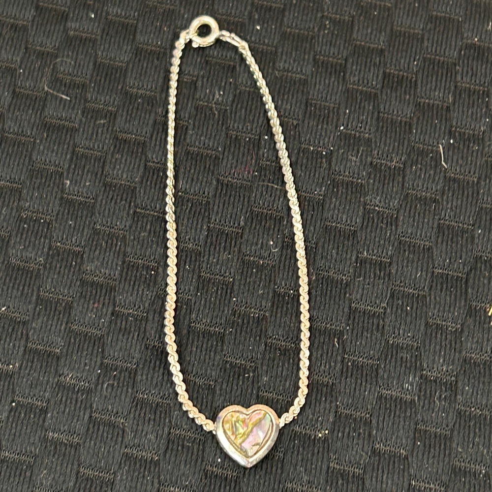 Silver Tone Heart Abalone Shell Inlay Dainty Twisted Chain Bracelet 7.25 Inch - Picture 4 of 6